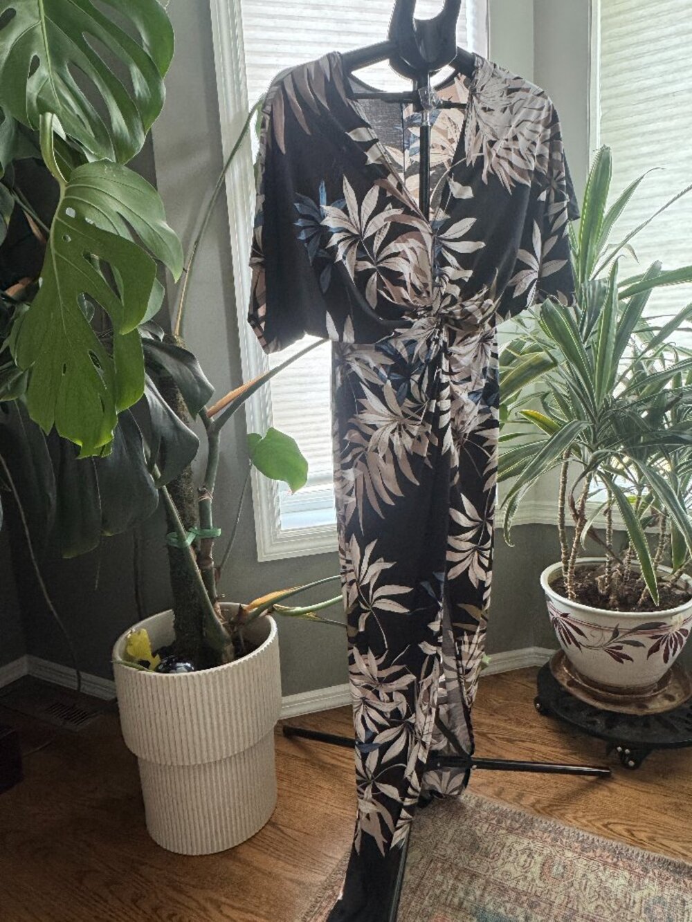 Lovely Day Black Floral Palm Leaf Twist Front Slit Maxi Dress ✨